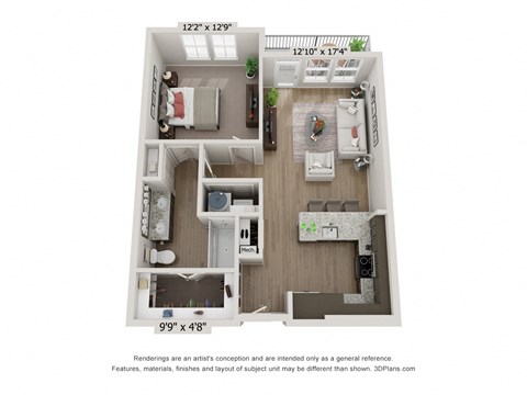 Floor plan for 1 bed, 1 bath, 736 sqft